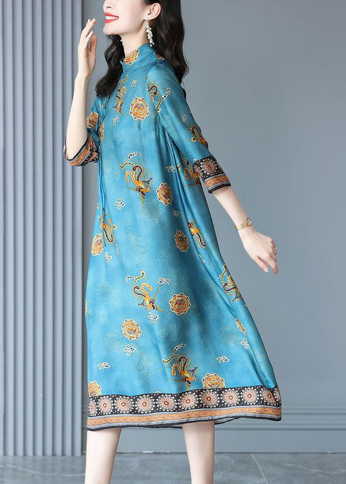 Natural Blue Mandarin Collar Print Silk Long Dress Bracelet Sleeve FR2015