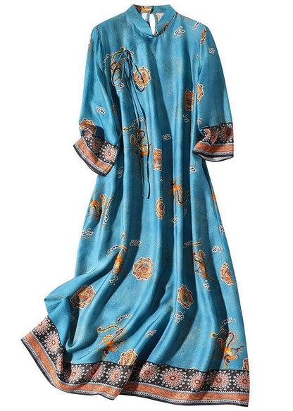 Natural Blue Mandarin Collar Print Silk Long Dress Bracelet Sleeve FR2015