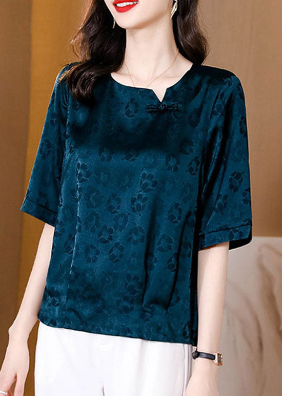 Natural Blue Print Patchwork Oriental Button Silk Tops Summer LY0429