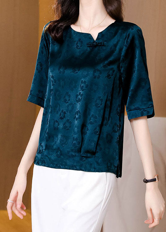 Natural Blue Print Patchwork Oriental Button Silk Tops Summer LY0429