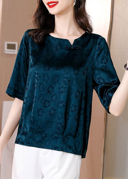 Natural Blue Print Patchwork Oriental Button Silk Tops Summer LY0429