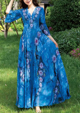Natural Blue V Neck Print Chiffon Long Holiday Dress Long Sleeve LY1772