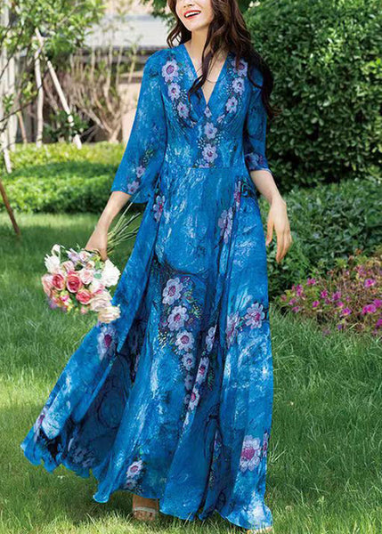 Natural Blue V Neck Print Chiffon Long Holiday Dress Long Sleeve LY1772