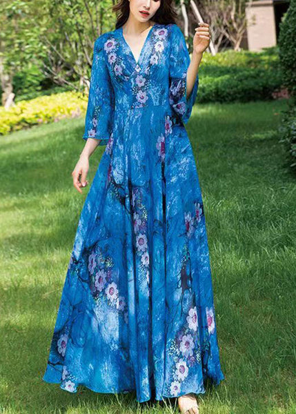 Natural Blue V Neck Print Chiffon Long Holiday Dress Long Sleeve LY1772
