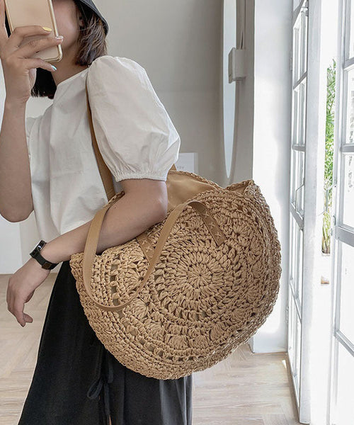 Natural Brown Hollow Out Straw Woven Satchel Bag Handbag LY1393