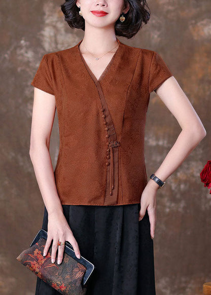 Natural Caramel V Neck Tasseled Patchwork Silk T Shirts Summer LC0270