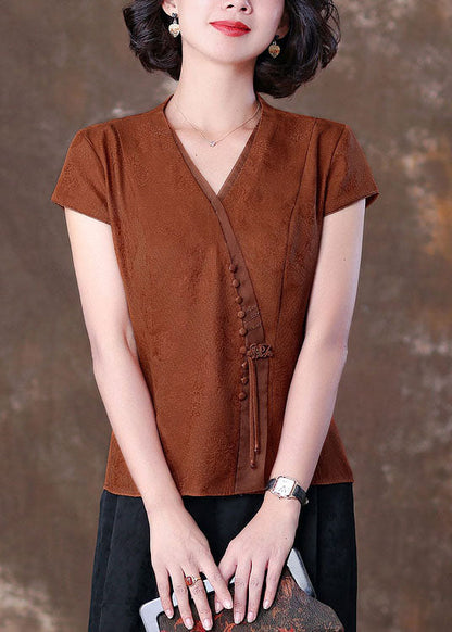 Natural Caramel V Neck Tasseled Patchwork Silk T Shirts Summer LC0270