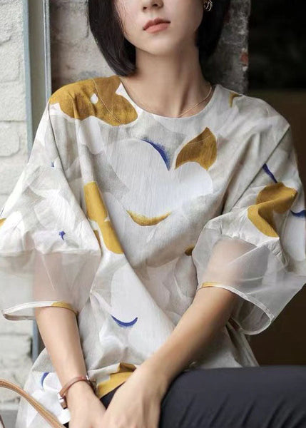 T-shirts en coton imprimé tie-dye à col rond et colorblock naturel, été LY0582