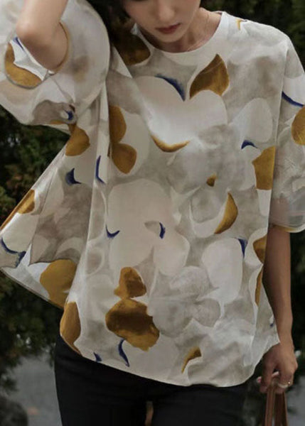 T-shirts en coton imprimé tie-dye à col rond et colorblock naturel, été LY0582