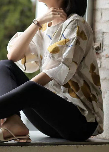 T-shirts en coton imprimé tie-dye à col rond et colorblock naturel, été LY0582