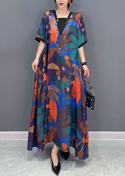 Natural Colorblock V Neck Print Patchwork Cotton Dress Short Sleeve LC0335