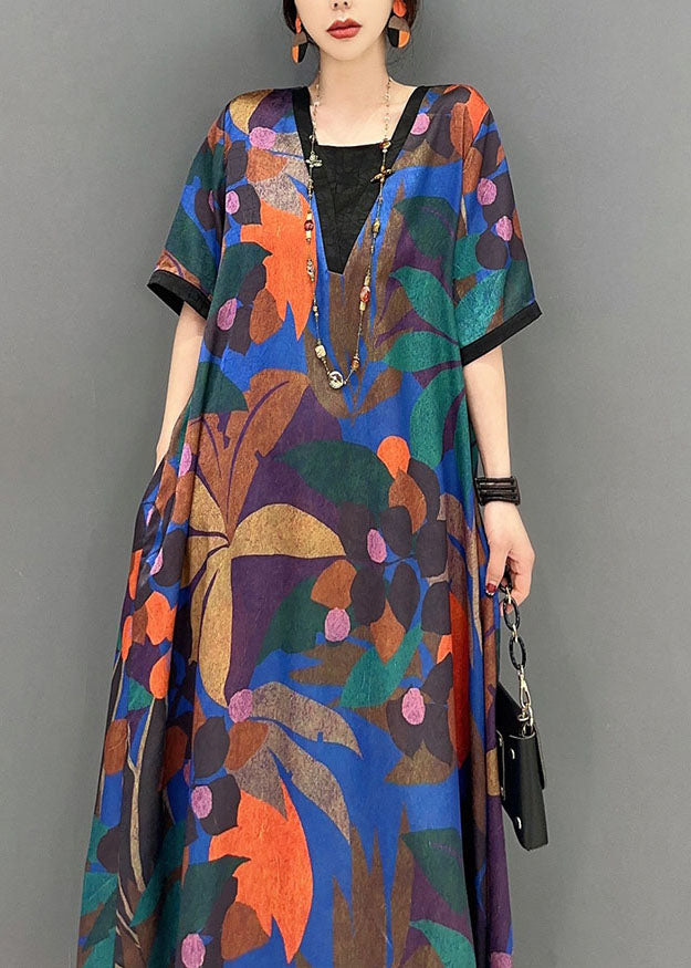 Natural Colorblock V Neck Print Patchwork Cotton Dress Short Sleeve LC0335