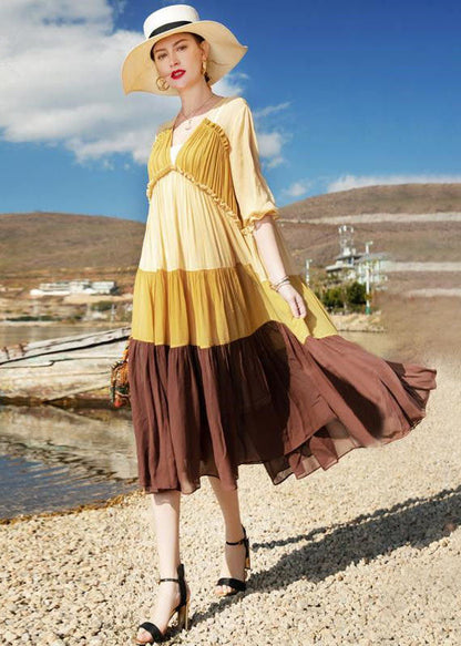 Natural Colorblock V Neck Wrinkled Patchwork Chiffon Dresses Summer LC0248
