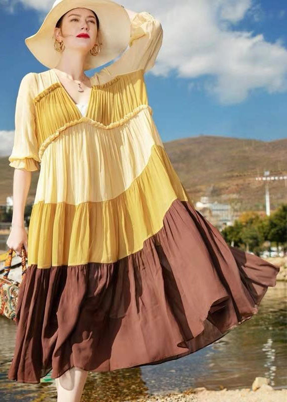 Natural Colorblock V Neck Wrinkled Patchwork Chiffon Dresses Summer LC0248