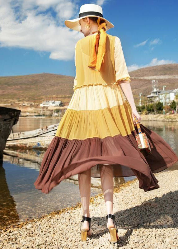 Natural Colorblock V Neck Wrinkled Patchwork Chiffon Dresses Summer LC0248