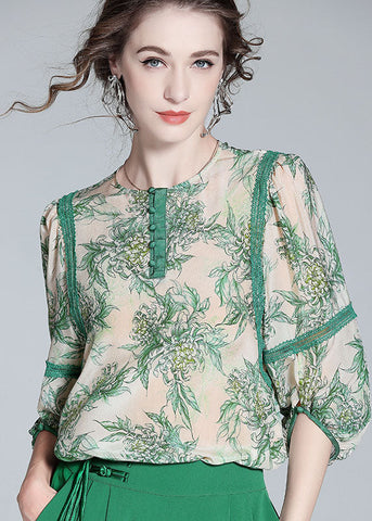 Natural Green O Neck Lace Patchwork Print Silk T Shirt Spring LY0121