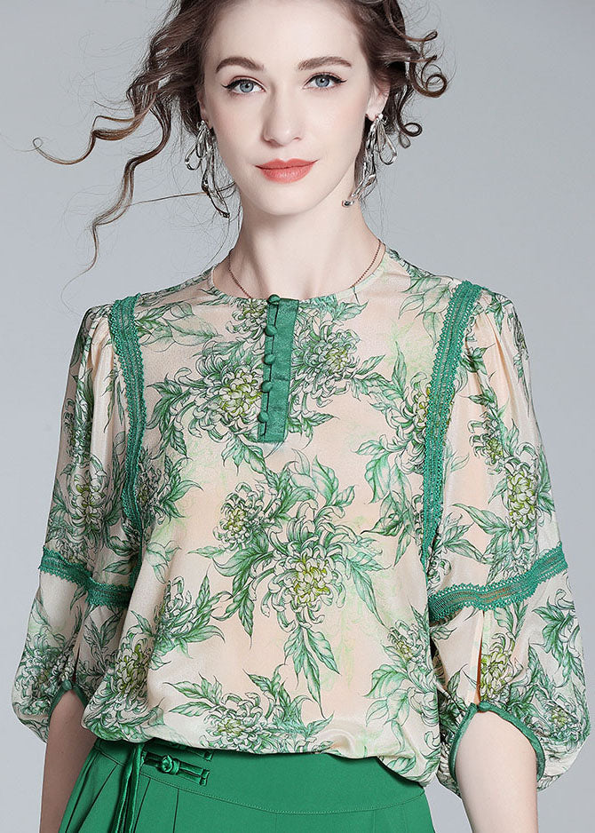 Natural Green O Neck Lace Patchwork Print Silk T Shirt Spring LY0121