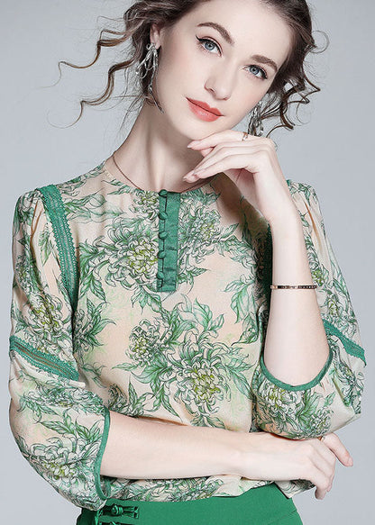 Natural Green O Neck Lace Patchwork Print Silk T Shirt Spring LY0121