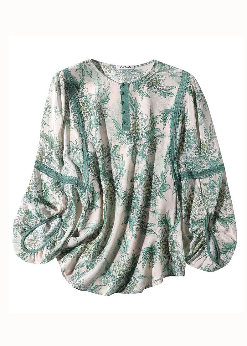 Natural Green O Neck Lace Patchwork Print Silk T Shirt Spring LY0121