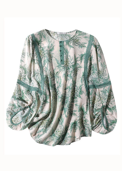 Natural Green O Neck Lace Patchwork Print Silk T Shirt Spring LY0121