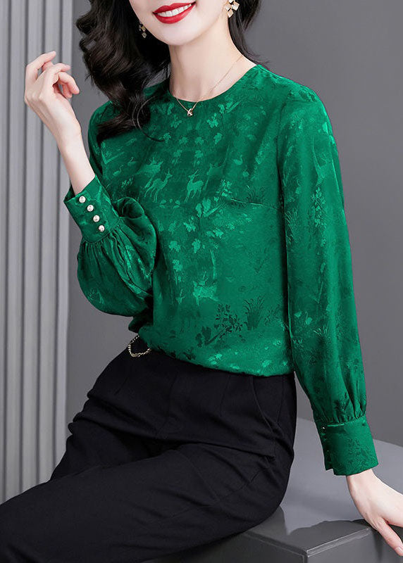 Natural Green O Neck Patchwork Jacquard Silk Shirt Tops Spring LY1425