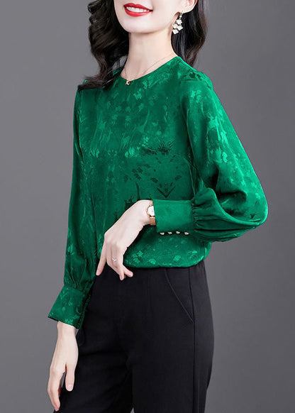 Natural Green O Neck Patchwork Jacquard Silk Shirt Tops Spring LY1425