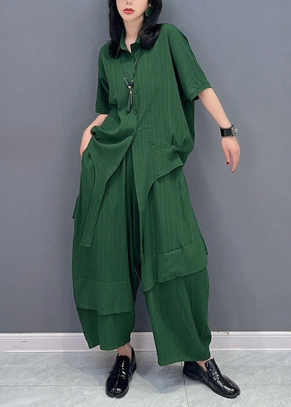 Natural Green Peter Pan Collar Patchwork Tops And Pants Cotton Two Pieces Set Spring LC0326