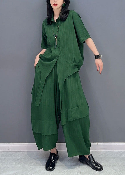 Natural Green Peter Pan Collar Patchwork Tops And Pants Cotton Two Pieces Set Spring
