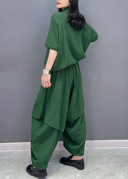 Natural Green Peter Pan Collar Patchwork Tops And Pants Cotton Two Pieces Set Spring LC0326