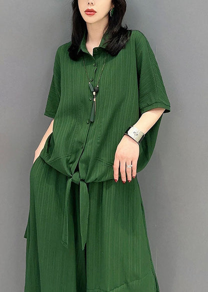 Natural Green Peter Pan Collar Patchwork Tops And Pants Cotton Two Pieces Set Spring LC0326