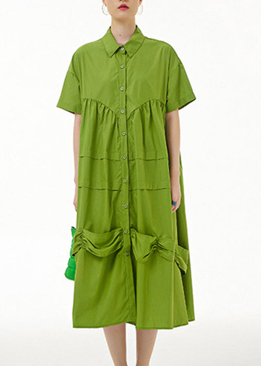 Natural Green Wrinkled Button Maxi Dress Summer LY1092