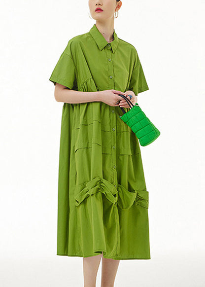 Natural Green Wrinkled Button Maxi Dress Summer LY1181