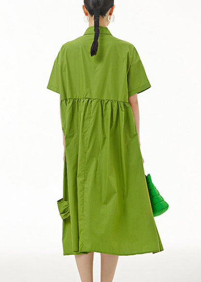 Natural Green Wrinkled Button Maxi Dress Summer LY1181