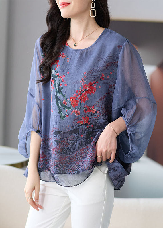 Natural Grey O Neck Print Patchwork Chiffon Shirt Tops Lantern Sleeve TF1054