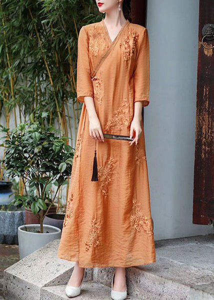 Natural Orange V Neck Embroideried Patchwork Silk Dress Summer LY1679