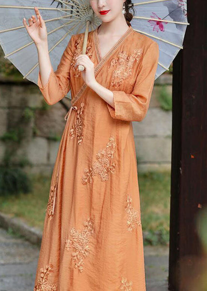 Natural Orange V Neck Embroideried Patchwork Silk Dress Summer LY1679
