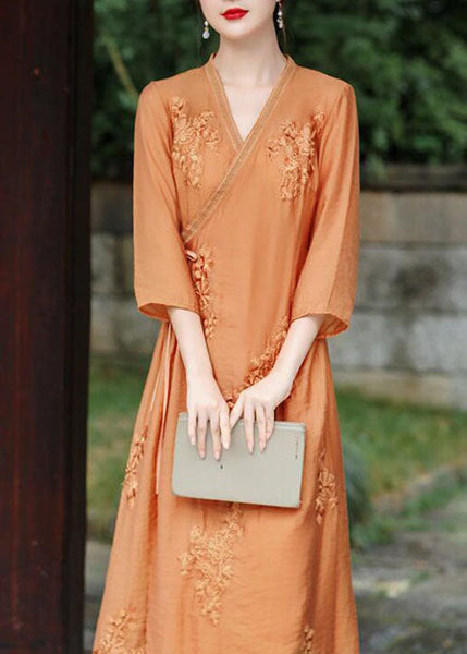 Natural Orange V Neck Embroideried Patchwork Silk Dress Summer LY1679