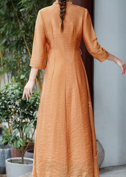 Natural Orange V Neck Embroideried Patchwork Silk Dress Summer LY1679