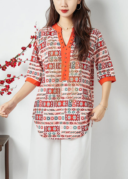 Natural Orange V Neck Print Shirt Top Summer