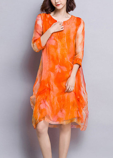 Robe longue d'été en tulle orange naturel à col en V TI1025
