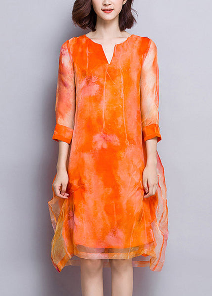 Robe longue d'été en tulle orange naturel à col en V TI1025