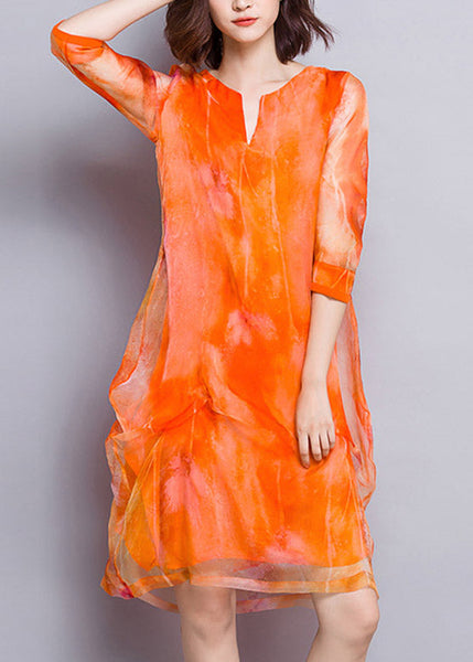 Robe longue d'été en tulle orange naturel à col en V TI1025