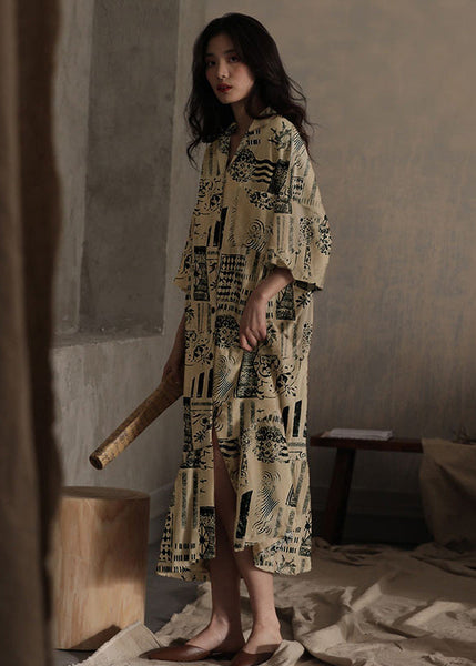 Natural Peter Pan Collar Print Ice Silk Long Dress Spring LY1864