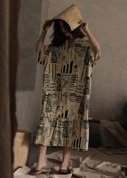 Natural Peter Pan Collar Print Ice Silk Long Dress Spring LY1864