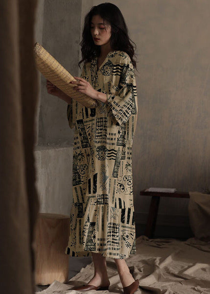 Natural Peter Pan Collar Print Ice Silk Long Dress Spring LY1864