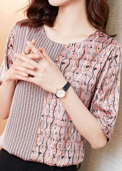 T-shirt d'été en soie rose naturel à col rond et imprimé patchwork LY0437