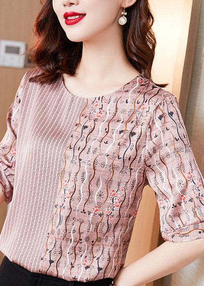 Natural Pink O Neck Patchwork Print Silk T Shirt Tops Summer LY0437