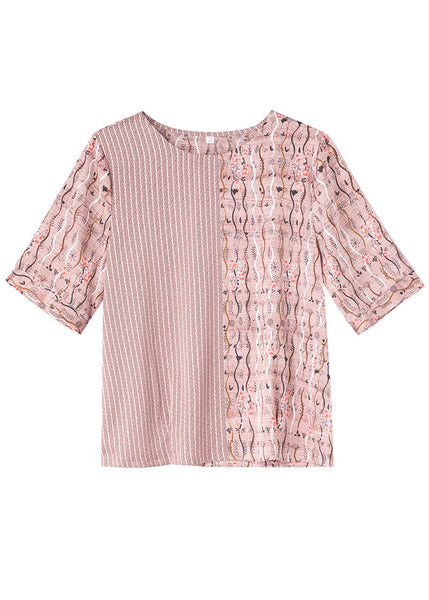 T-shirt d'été en soie rose naturel à col rond et imprimé patchwork LY0437