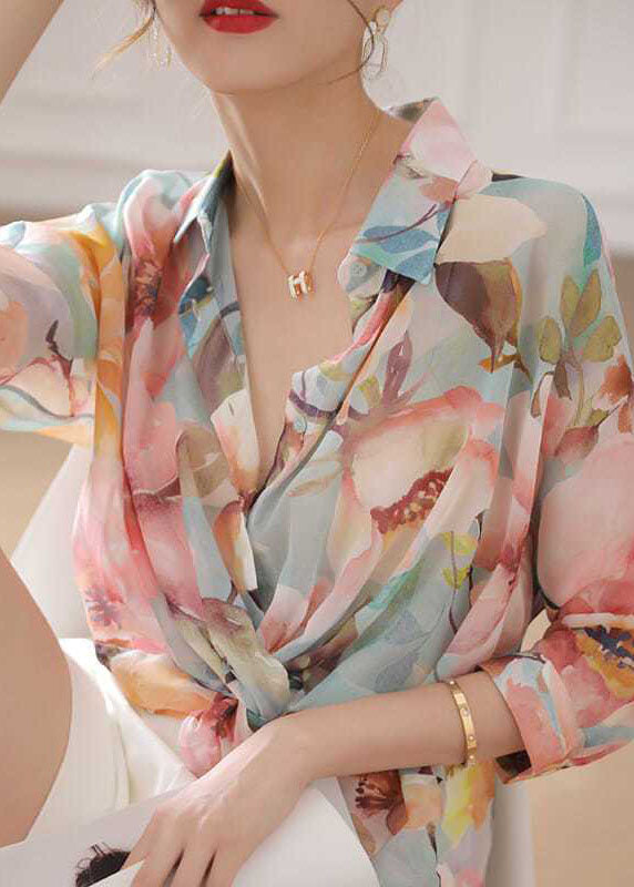 Natural Pink Peter Pan Collar Print Silk Top Bracelet Sleeve LY0404