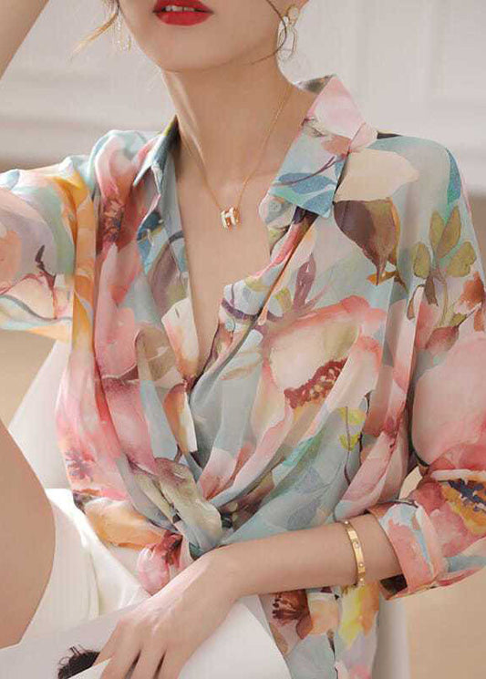 Natural Pink Peter Pan Collar Print Silk Top Bracelet Sleeve LY0404